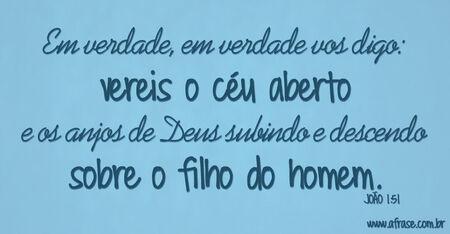 Em verdade, em verdade vos digo: vereis o céu aberto e os anjos de Deus subindo e descendo sobre o filho do homem.
(João 1:51)