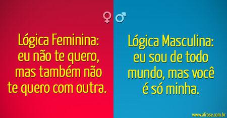 Lógica Feminina: eu não te quero, mas também não te quero com outra. 
Lógica Masculina: eu sou de todo mundo, mas você é só minha.