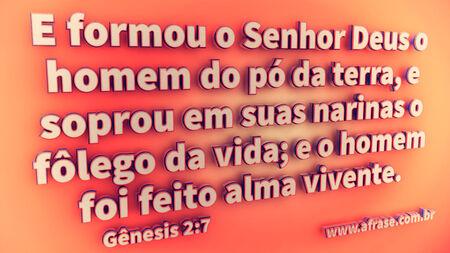 E formou o Senhor Deus o homem do pó da terra, e soprou em suas narinas o fôlego da vida; e o homem foi feito alma vivente.

Gênesis 2:7