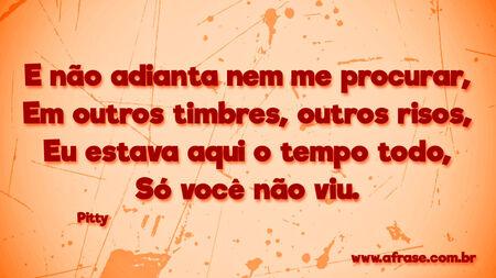 E não adianta nem me procurar, 
Em outros timbres, outros risos, 
Eu estava aqui o tempo todo, 
Só você não viu.