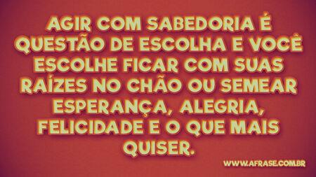 Agir com sabedoria é questão de escolha e você escolhe ficar com suas raízes no chão ou semear esperança, alegria, felicidade e o que mais quiser.