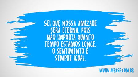 Sei que nossa amizade será eterna, pois não importa quanto tempo estamos longe, o sentimento é sempre igual.