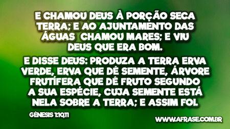 E chamou Deus à porção seca Terra; e ao ajuntamento das águas chamou Mares; e viu Deus que era bom.
E disse Deus: Produza a terra erva verde, erva que dê semente, árvore frutífera que dê fruto segundo a sua espécie, cuja semente está nela sobre a terra; e assim foi.

Gênesis 1:10,11