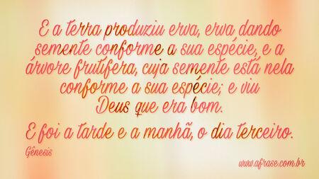 E a terra produziu erva, erva dando semente conforme a sua espécie, e a árvore frutífera, cuja semente está nela conforme a sua espécie; e viu Deus que era bom.
E foi a tarde e a manhã, o dia terceiro.

Gênesis 1:12,13