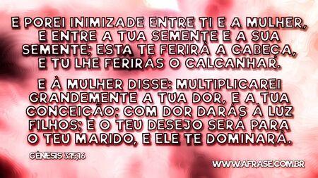 E porei inimizade entre ti e a mulher, e entre a tua semente e a sua semente; esta te ferirá a cabeça, e tu lhe ferirás o calcanhar.
E à mulher disse: Multiplicarei grandemente a tua dor, e a tua conceição; com dor darás à luz filhos; e o teu desejo será para o teu marido, e ele te dominará.
Gênesis 3:15,16
