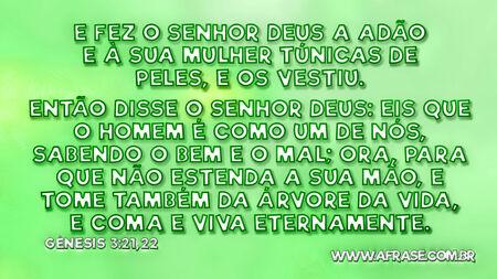 E fez o Senhor Deus a Adão e à sua mulher túnicas de peles, e os vestiu.
Então disse o Senhor Deus: Eis que o homem é como um de nós, sabendo o bem e o mal; ora, para que não estenda a sua mão, e tome também da árvore da vida, e coma e viva eternamente.

Gênesis 3:21,22