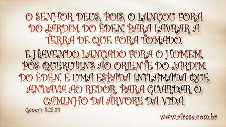 O Senhor Deus, pois, o lançou fora do jardim do Éden, para lavrar a terra de que fora tomado.
E havendo lançado fora o homem, pôs querubins ao oriente do jardim do Éden, e uma espada inflamada que andava ao redor, para guardar o caminho da árvore da vida.

Gênesis 3:23,24