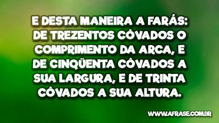 E desta maneira a farás: De trezentos côvados o comprimento da arca, e de cinqüenta côvados a sua largura, e de trinta côvados a sua altura.