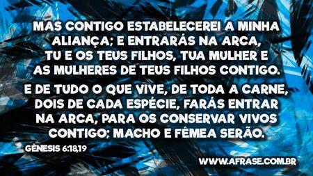 Mas contigo estabelecerei a minha aliança; e entrarás na arca, tu e os teus filhos, tua mulher e as mulheres de teus filhos contigo.
E de tudo o que vive, de toda a carne, dois de cada espécie, farás entrar na arca, para os conservar vivos contigo; macho e fêmea serão.
Gênesis 6:18,19