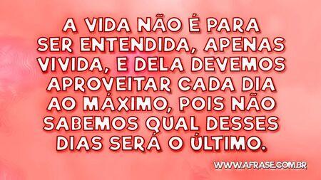 A vida não é para ser entendida, apenas vivida, e dela devemos aproveitar cada dia ao máximo, pois não sabemos qual desses dias será o último.