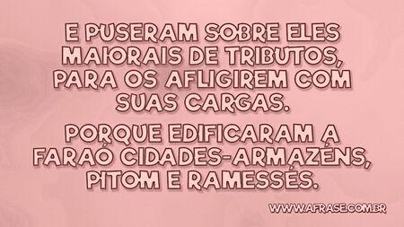 E puseram sobre eles maiorais de tributos, para os afligirem com suas cargas.
Porque edificaram a Faraó cidades-armazéns, Pitom e Ramessés.

Êxodo 1:11