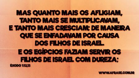 Mas quanto mais os afligiam, tanto mais se multiplicavam, e tanto mais cresciam; de maneira que se enfadavam por causa dos filhos de Israel.
E os egípcios faziam servir os filhos de Israel com dureza;
Êxodo 1:12,13