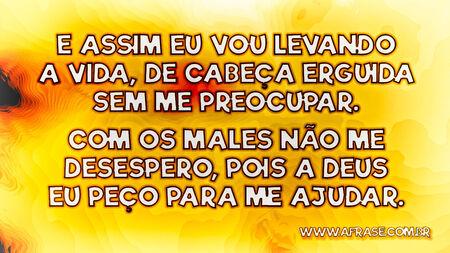 E assim eu vou levando a vida, de cabeça erguida sem me preocupar.
Com os males não me desespero, pois a Deus eu peço para me ajudar.