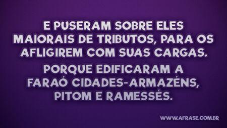 E puseram sobre eles maiorais de tributos, para os afligirem com suas cargas.
Porque edificaram a Faraó cidades-armazéns, Pitom e Ramessés.