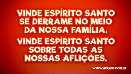 Vinde Espírito Santo se derrame no meio da nossa família.
Vinde Espírito Santo sobre todas as nossas aflições.