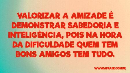 Valorizar a amizade é demonstrar sabedoria e inteligência, pois na hora da dificuldade quem tem bons amigos tem tudo.