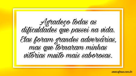 Agradeço todas as dificuldades que passei na vida.
Elas foram grandes adversárias, mas que tornaram minhas vitórias muito mais saborosas.