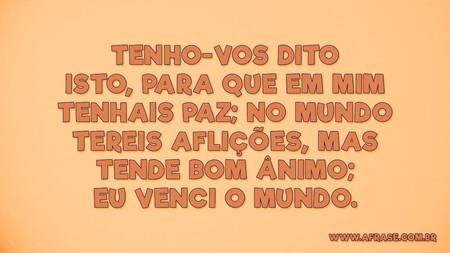 Tenho-vos dito isto, para que em mim tenhais paz; no mundo tereis aflições, mas tende bom ânimo; eu venci o mundo.