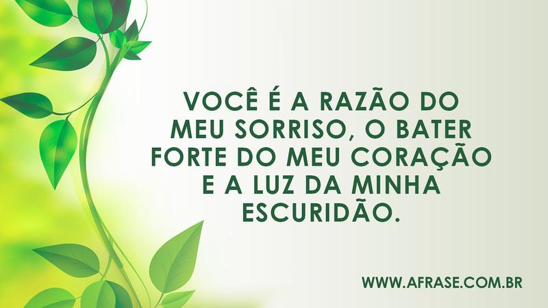 Você é a razão do meu sorriso, o bater forte do meu coração e a luz da minha escuridão. - Frases de Amor