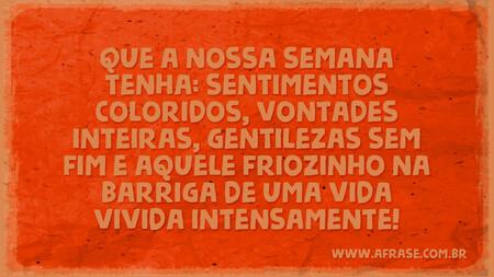 Que a nossa semana tenha: sentimentos coloridos, vontades inteiras, gentilezas sem fim e aquele friozinho na barriga de uma vida vivida intensamente!
