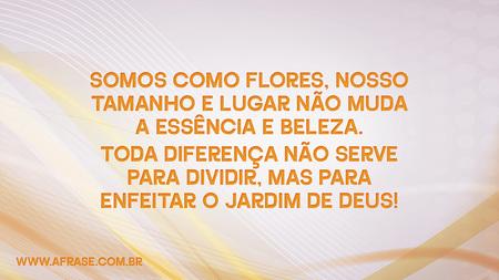 Somos como flores, nosso tamanho e lugar não muda a essência e beleza.
Toda diferença não serve para dividir, mas para enfeitar o jardim de Deus!