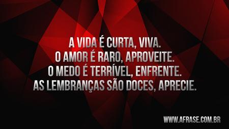 A vida é curta, viva.
O amor é raro, aproveite.
O medo é terrível, enfrente.
As lembranças são doces, aprecie.