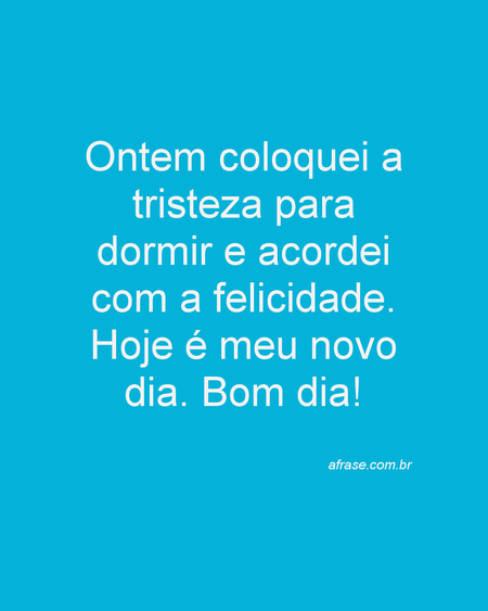 Ontem coloquei a tristeza para dormir e acordei com a felicidade. Hoje é meu novo dia.
Bom dia!